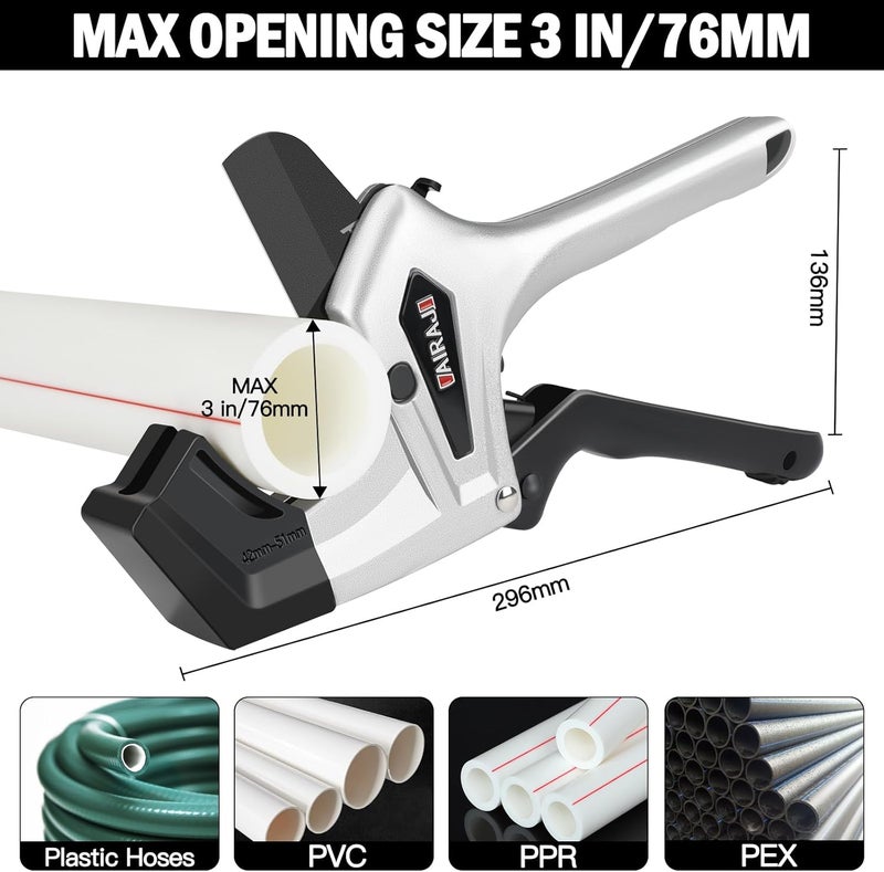 AIRAJ Ratchet PVC Pipe Cutter Heavy Duty,Cuts up to 3 Inches,PVC Cutter with One-Click Blade Replacement,Plastic Pipe Cutter, PVC Cutter Tool,PEX Pipe Cutter,PVC Pipe Shears with Extra Spare Blade - Image 2